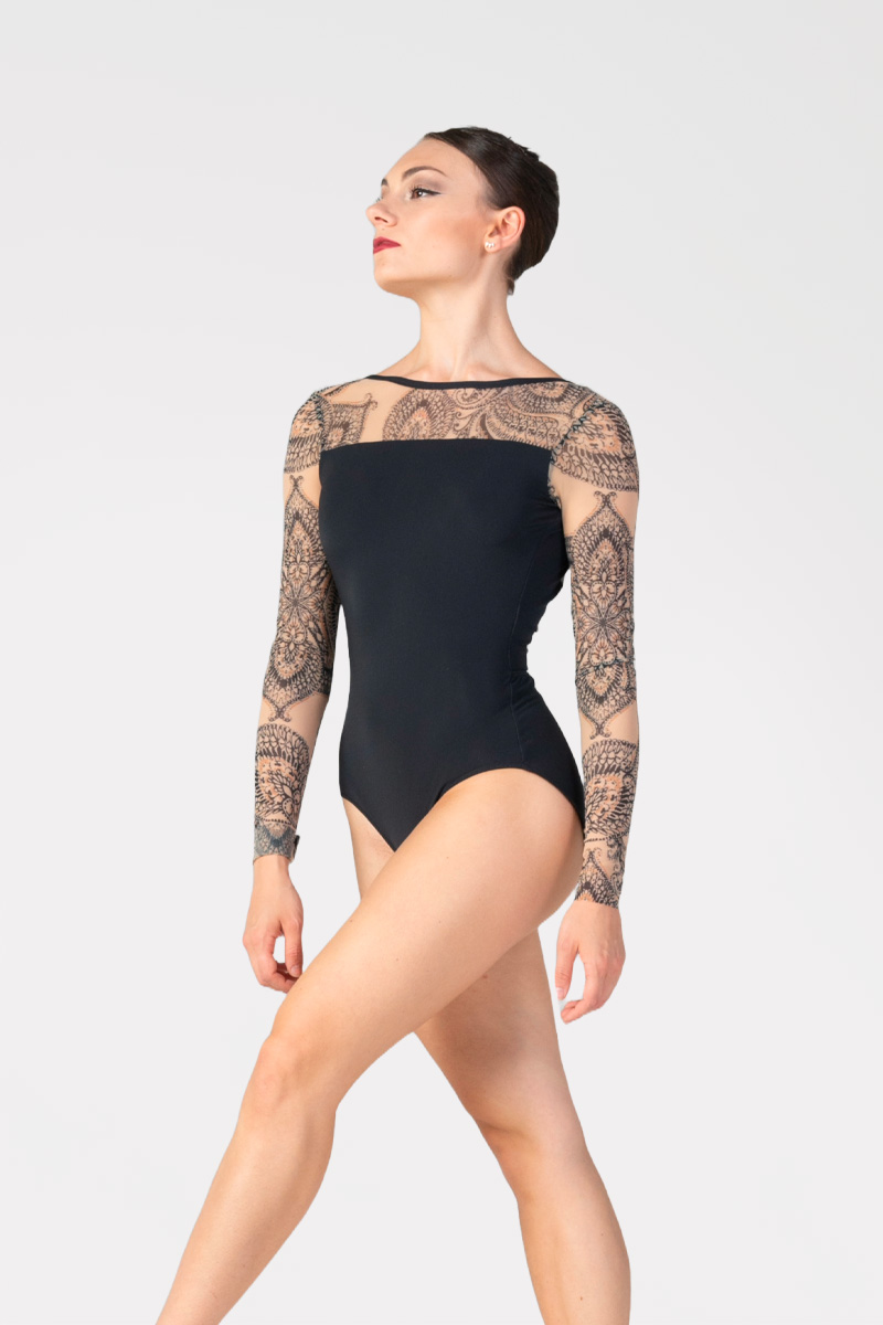 Printed Mesh Long Sleeve Leotard