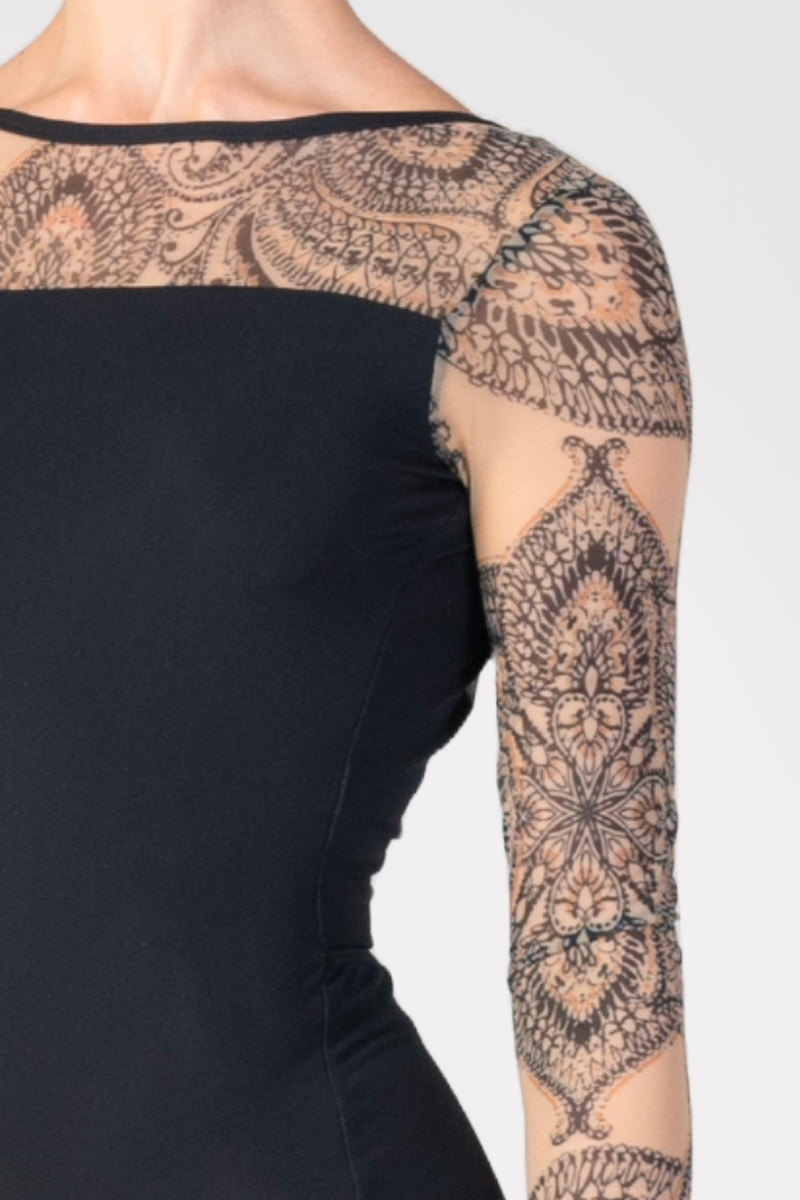 Printed Mesh Long Sleeve Leotard