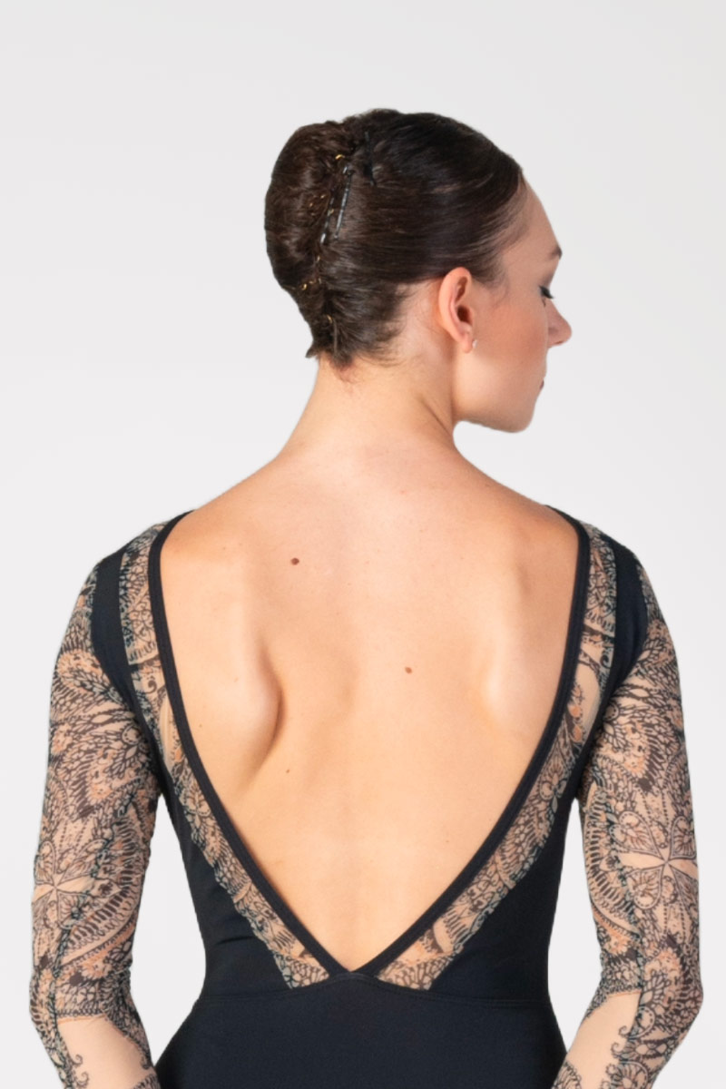 Printed Mesh Long Sleeve Leotard